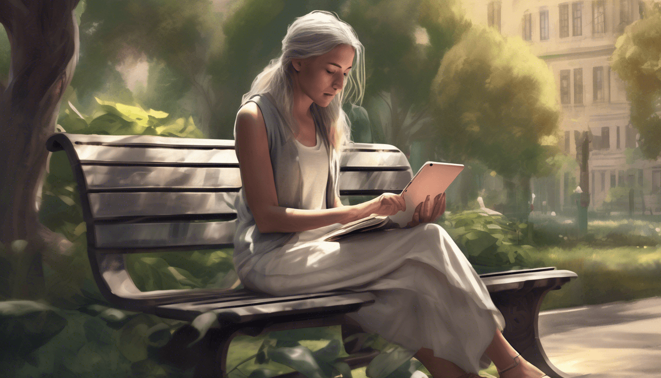 Woman sitting on a bench reading her family history